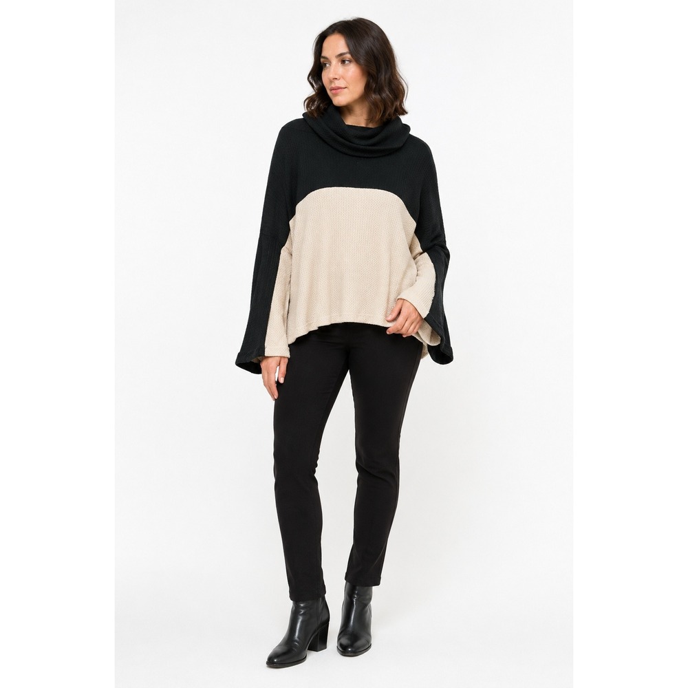 Oversized Waffle Knit Cowl Neck Sweater L Black Cream Artsy Lagenlook Colorblock